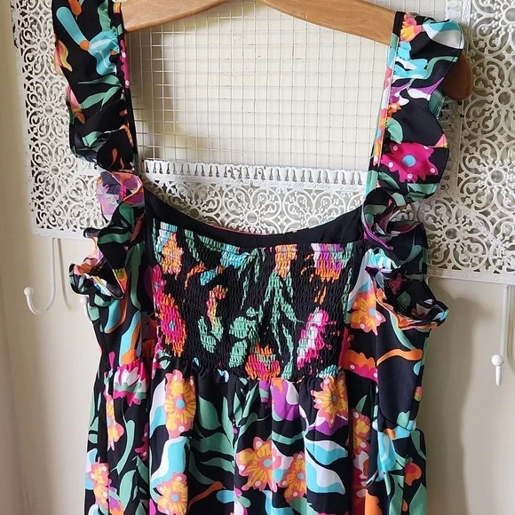 Tropical Floral Pink and Orange Sleeveless Sundress‎ Midi Ruffled sz L - Picture 9 of 13